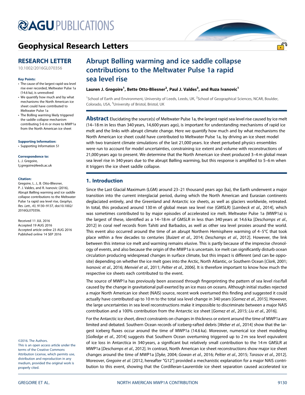 Abrupt Bølling Warming and Ice Saddle Collapse Contributions to the Meltwater Pulse 1A Rapid Sea Level Rise