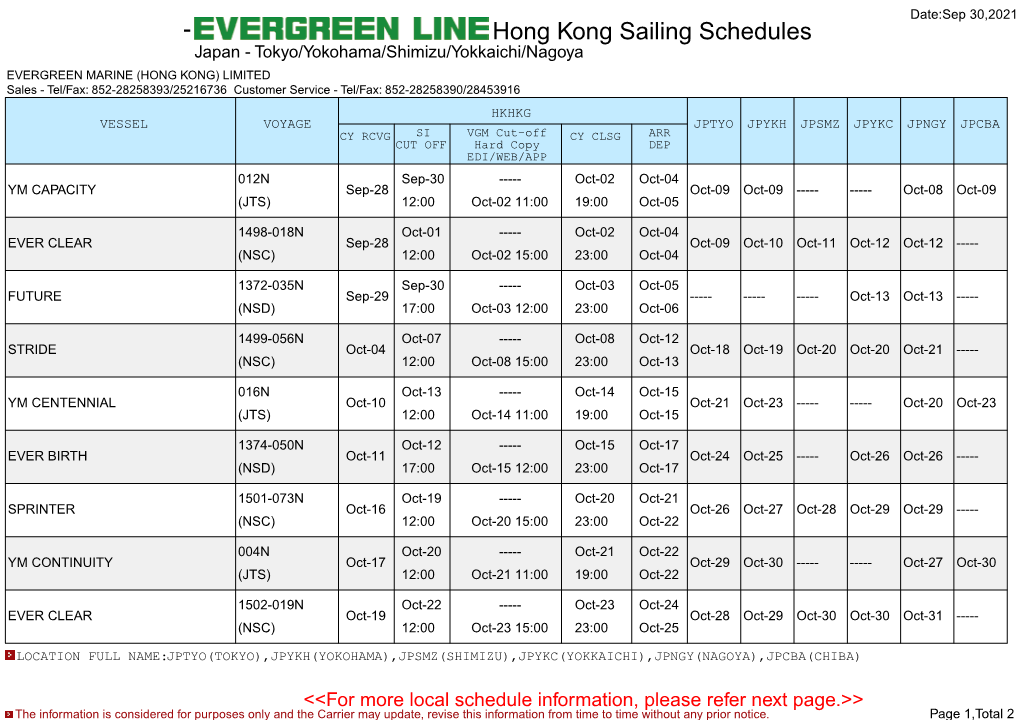 Hong Kong Sailing Schedules