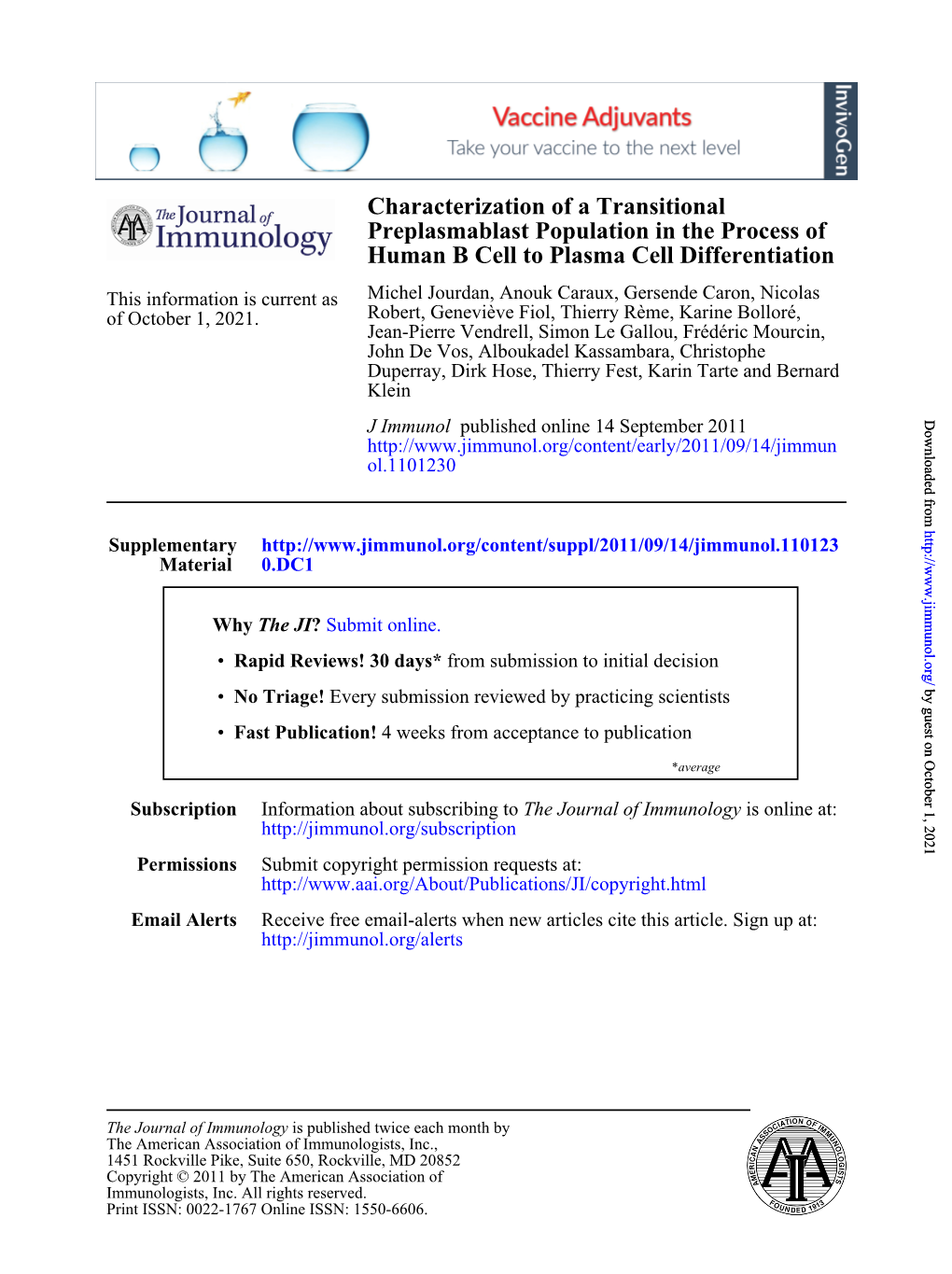 Human B Cell to Plasma Cell Differentiation Preplasmablast