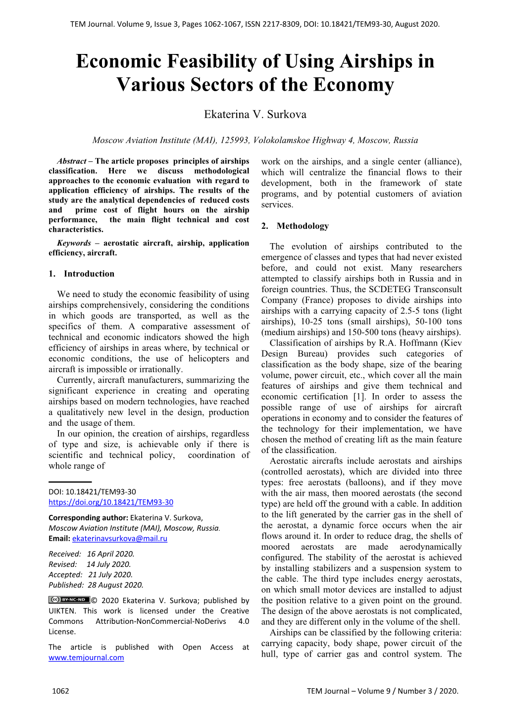 Economic Feasibility of Using Airships in Various Sectors of the Economy