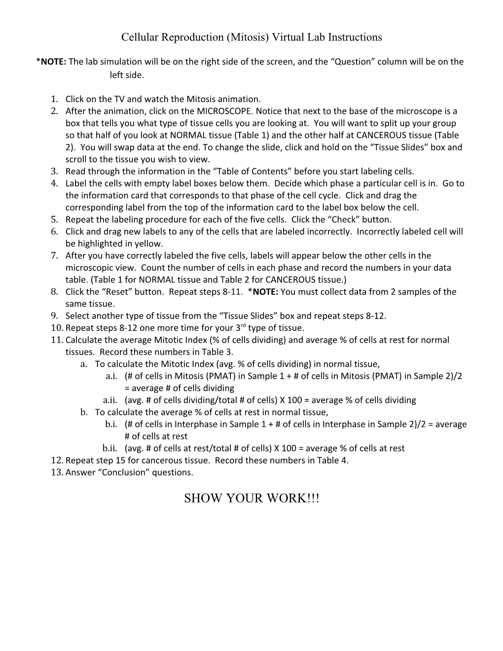 Cellular Reproduction (Mitosis) Virtual Lab Instructions