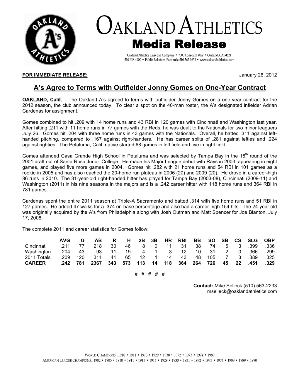 01-26-2012 Athletics Agree to Terms with Outfielder Jonny Gomes On