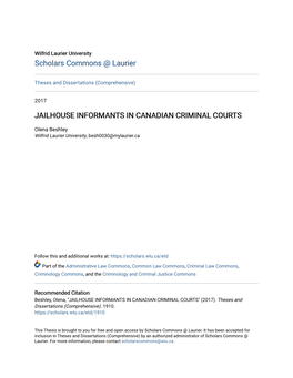 Jailhouse Informants in Canadian Criminal Courts
