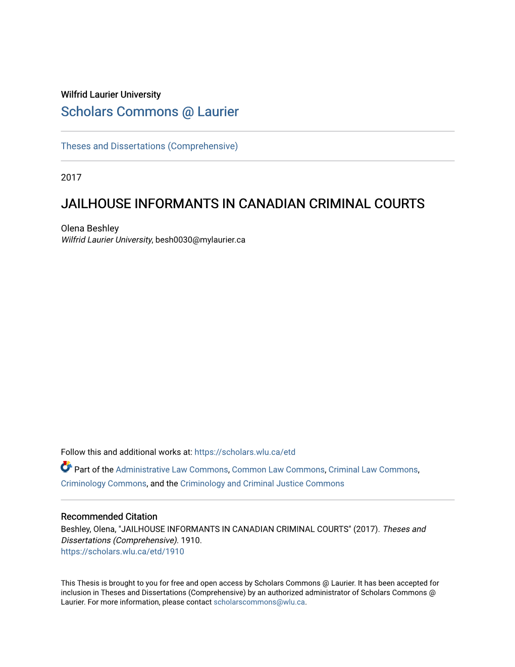 Jailhouse Informants in Canadian Criminal Courts - DocsLib