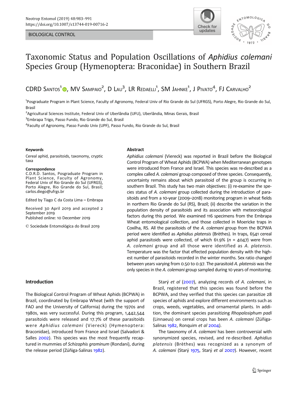 Taxonomic Status and Population Oscillations of Aphidius Colemani Species Group (Hymenoptera: Braconidae) in Southern Brazil