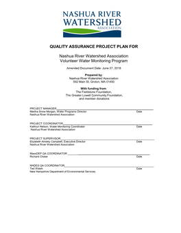 QUALITY ASSURANCE PROJECT PLAN for Nashua River Watershed Association Volunteer Water Monitoring Program