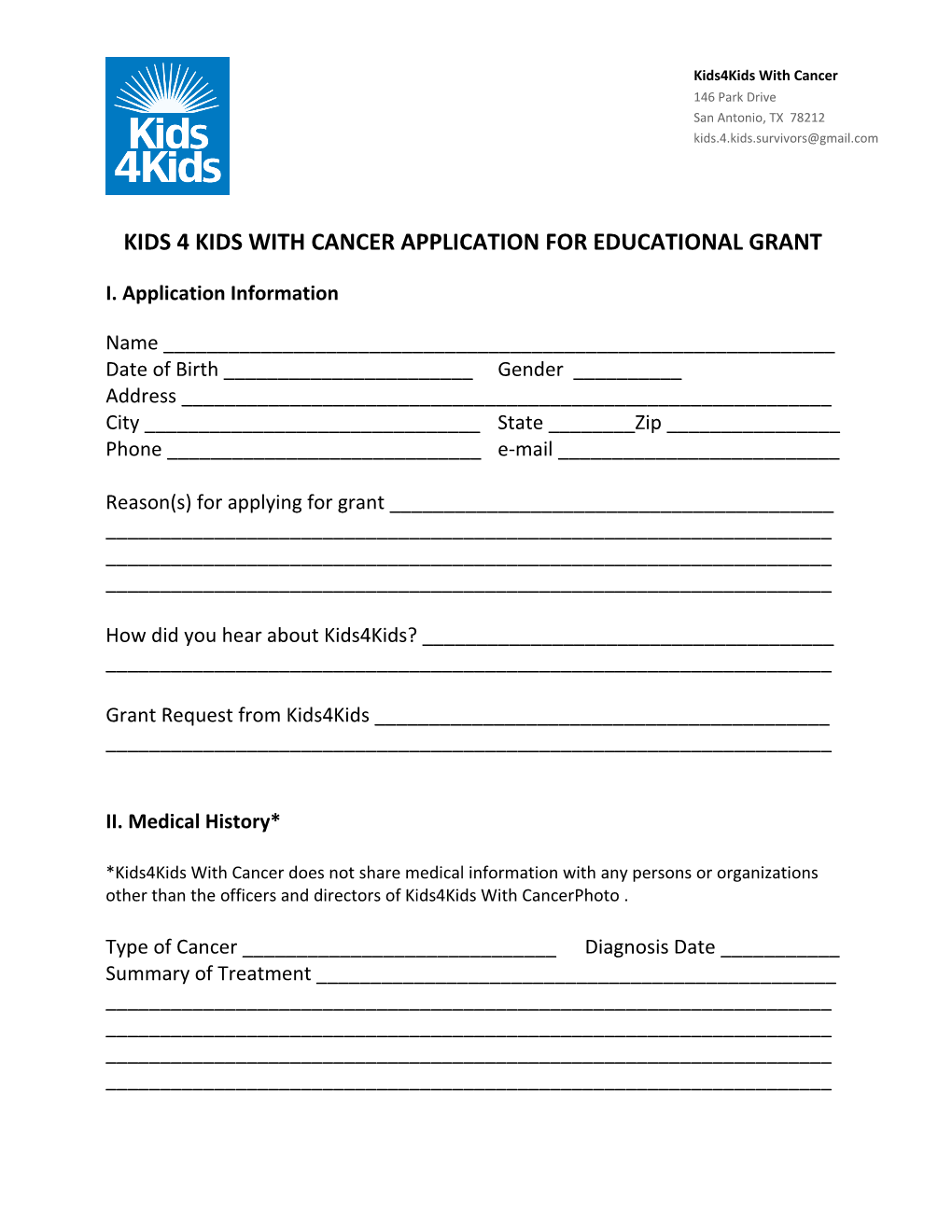 Kids 4 Kids with Cancer Application for Educational Grant