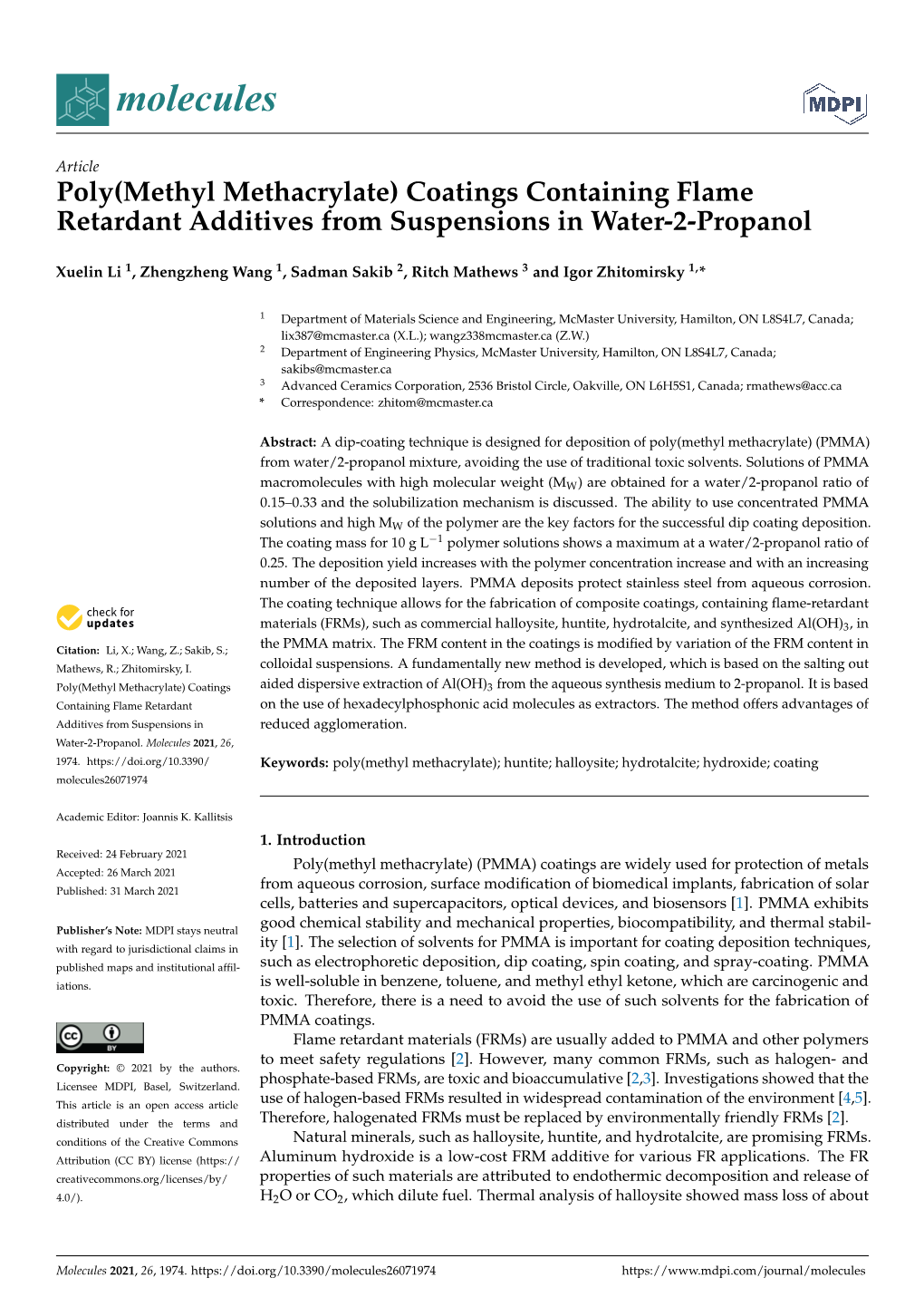 Poly(Methyl Methacrylate) Coatings Containing Flame Retardant Additives from Suspensions in Water-2-Propanol