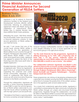 Prime Minister Announces Financial Assistance for Second Generation of FELDA Settlers Business Today, Wed, 8 July 2020