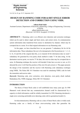 Design of Hamming Code for 64 Bit Single Error Detection and Correction Using Vhdl