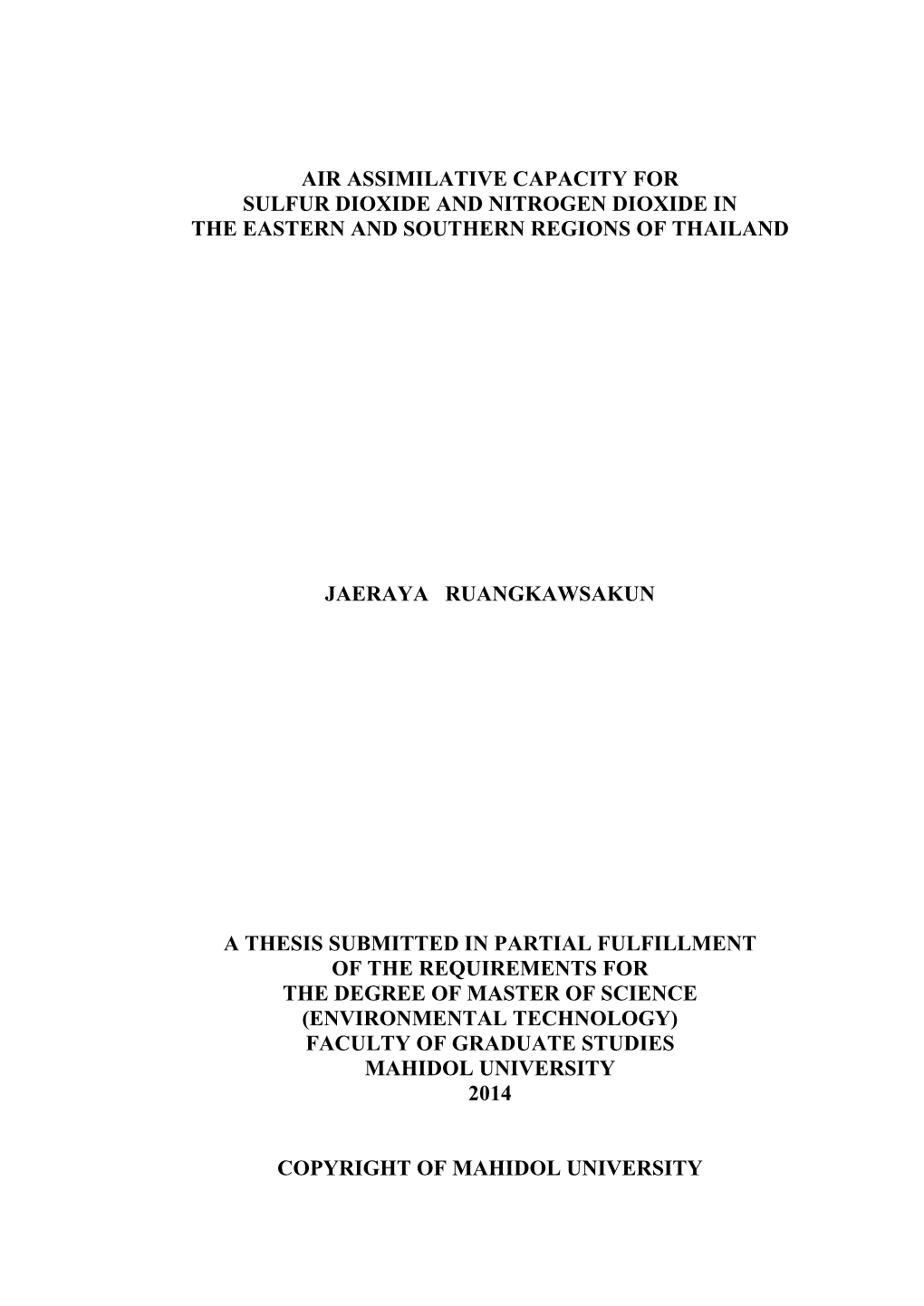 Air Assimilative Capacity for Sulfur Dioxide and Nitrogen Dioxide in the Eastern and Southern Regions of Thailand