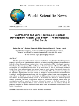 Gastronomic and Wine Tourism As Regional Development Factor: Case Study – the Municipality of Šid, Serbia