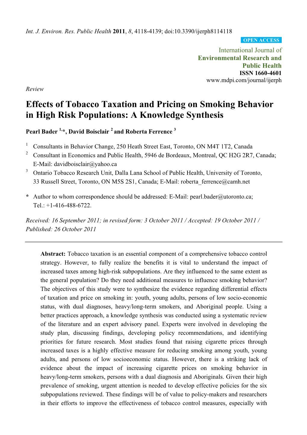 Effects of Tobacco Taxation and Pricing on Smoking Behavior in High Risk Populations: a Knowledge Synthesis