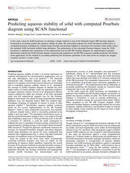 Predicting Aqueous Stability of Solid with Computed Pourbaix Diagram Using SCAN Functional ✉ Zhenbin Wang 1, Xingyu Guo2, Joseph Montoya3 and Jens K