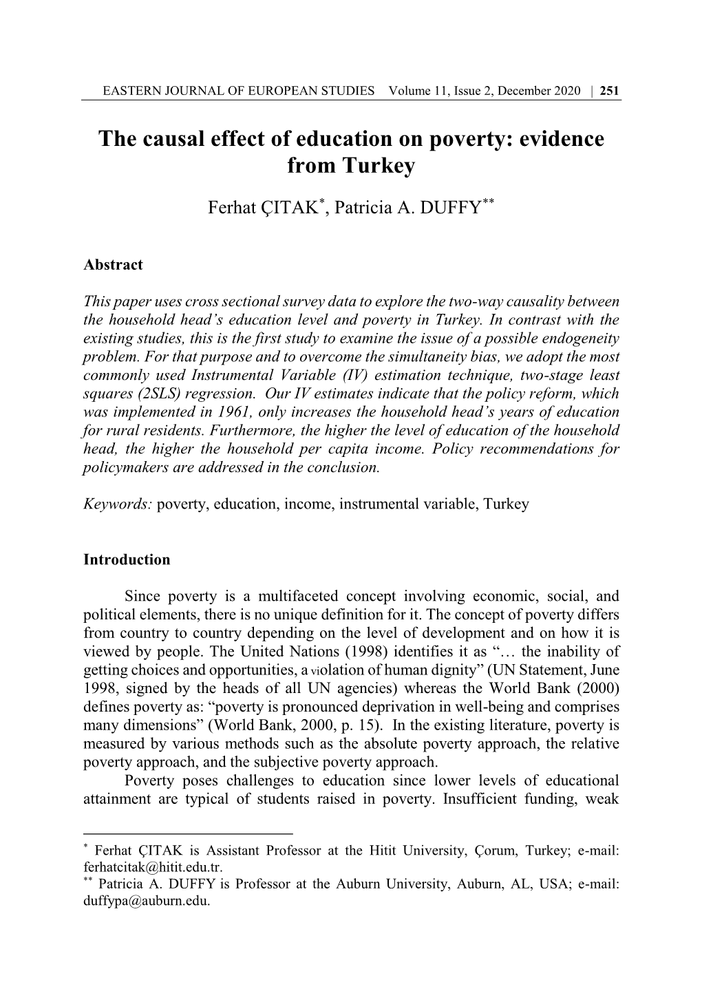 The Causal Effect of Education on Poverty: Evidence from Turkey