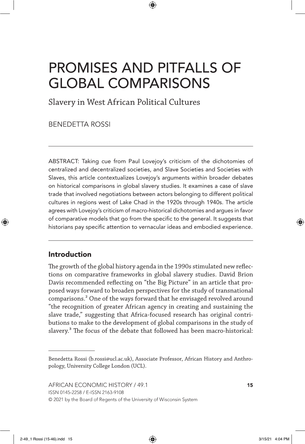 PROMISES and PITFALLS of GLOBAL COMPARISONS Slavery in West African Political Cultures