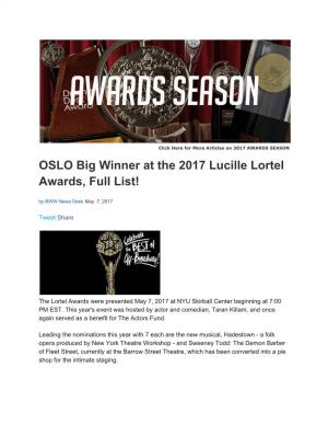 OSLO Big Winner at the 2017 Lucille Lortel Awards, Full List! by BWW News Desk May