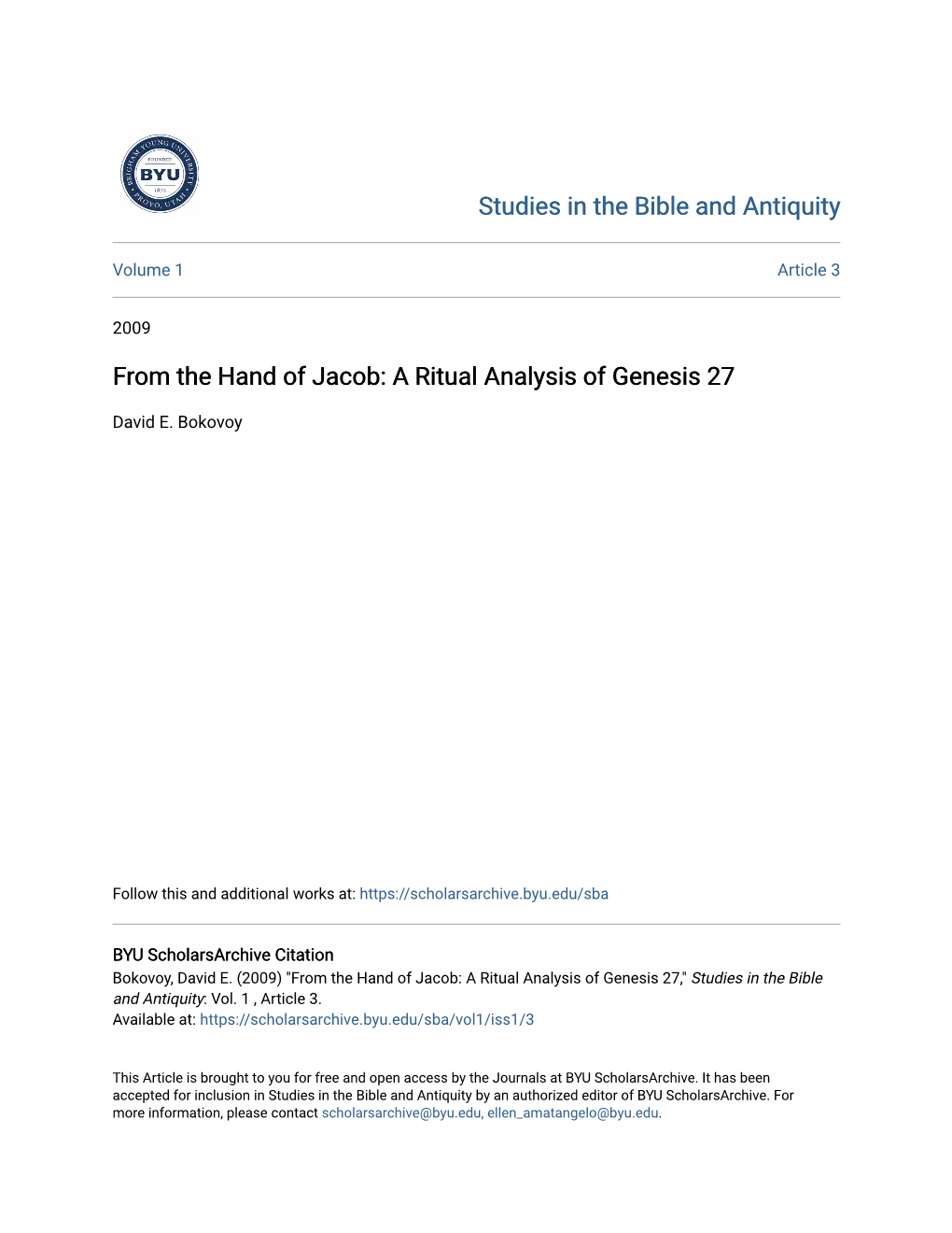 From the Hand of Jacob: a Ritual Analysis of Genesis 27