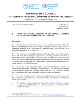 57Th DIRECTING COUNCIL 71St SESSION of the REGIONAL COMMITTEE of WHO for the AMERICAS Washington, D.C., USA, 30 September-4 October 2019