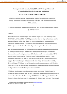 1 Thermogravimetric Analysis, PXRD, EDX and XPS Study of Chrysocolla