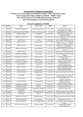 List of Candidates of MMV Assam State Transport Corporation