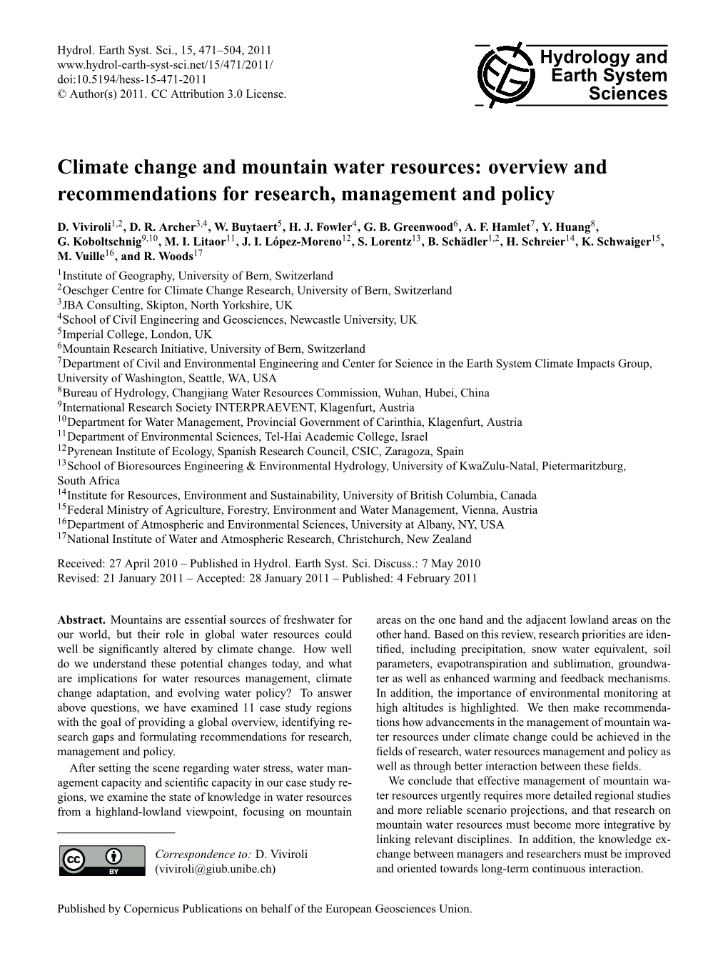 Climate Change and Mountain Water Resources: Overview and Recommendations for Research, Management and Policy