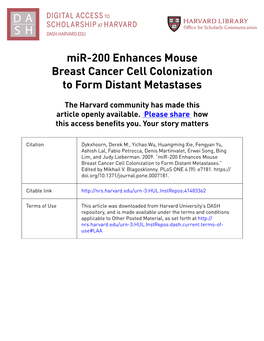 Mir-200 Enhances Mouse Breast Cancer Cell Colonization to Form Distant Metastases