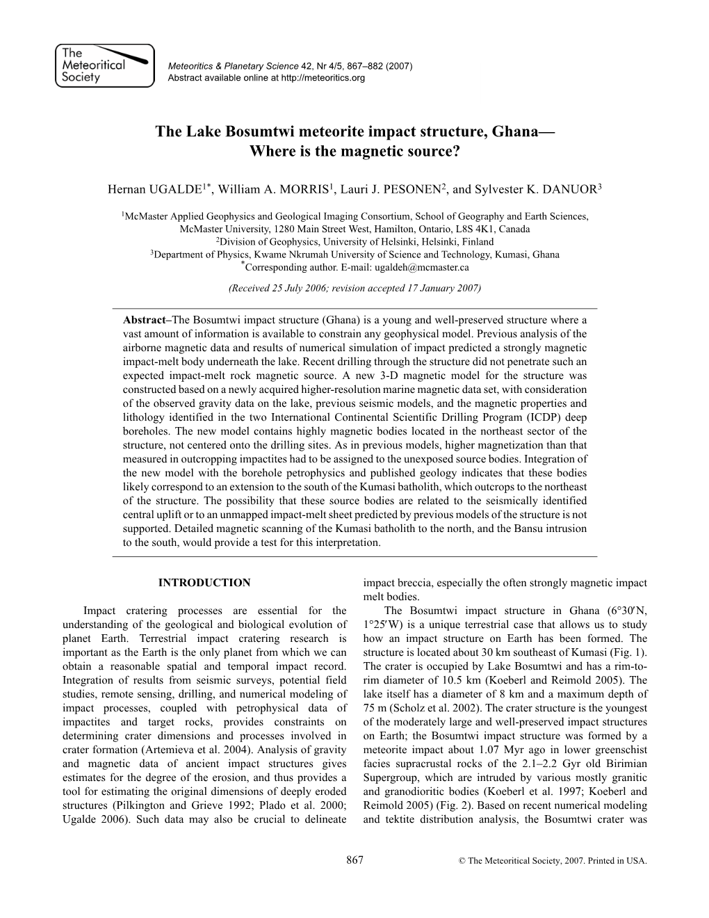 The Lake Bosumtwi Meteorite Impact Structure, Ghana— Where Is the Magnetic Source?