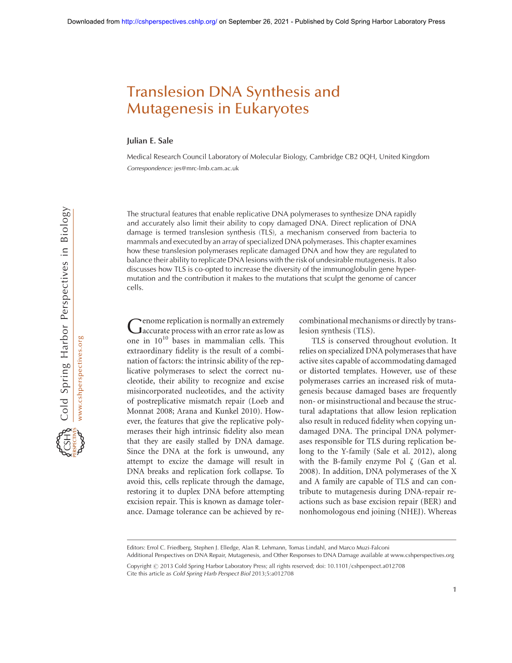Translesion DNA Synthesis and Mutagenesis in Eukaryotes
