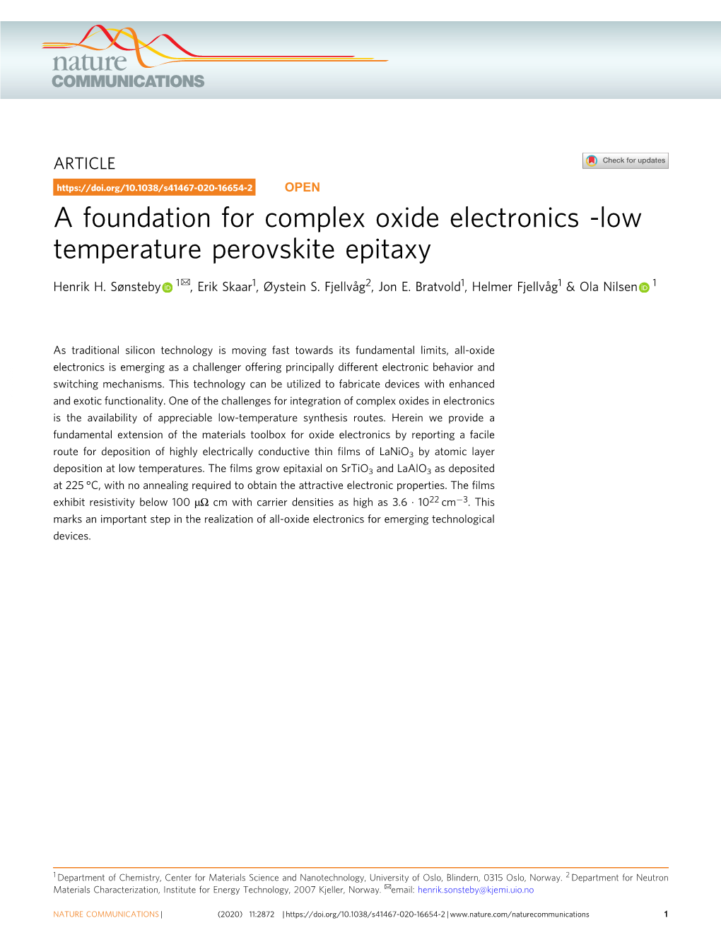 A Foundation for Complex Oxide Electronics -Low Temperature Perovskite Epitaxy ✉ Henrik H