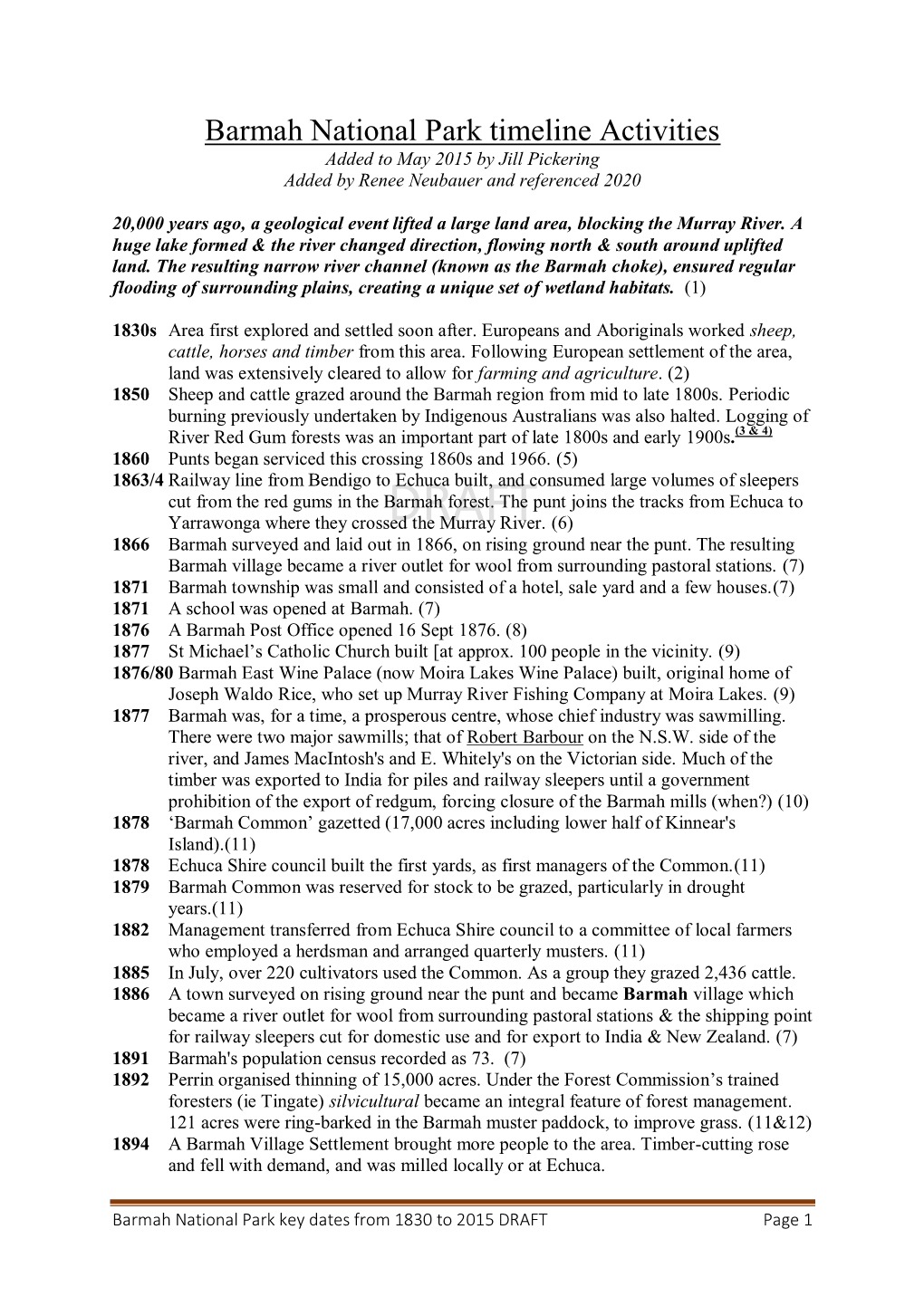 Barmah National Park Timeline Activities Added to May 2015 by Jill Pickering Added by Renee Neubauer and Referenced 2020