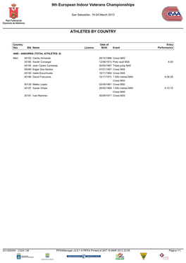 9Th European Indoor Veterans Championships ATHLETES BY