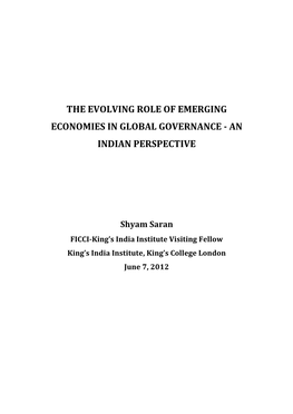 The Evolving Role of Emerging Economies in Global Governance - an Indian Perspective