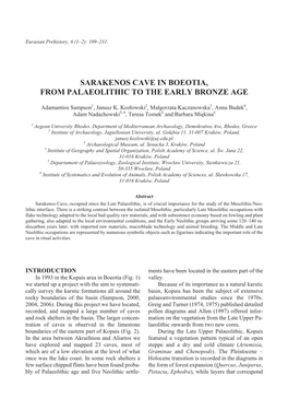 Sarakenos Cave in Boeotia, from Palaeo Lithic to The