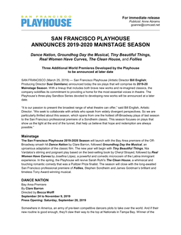 San Francisco Playhouse Announces 2019-2020 Mainstage Season