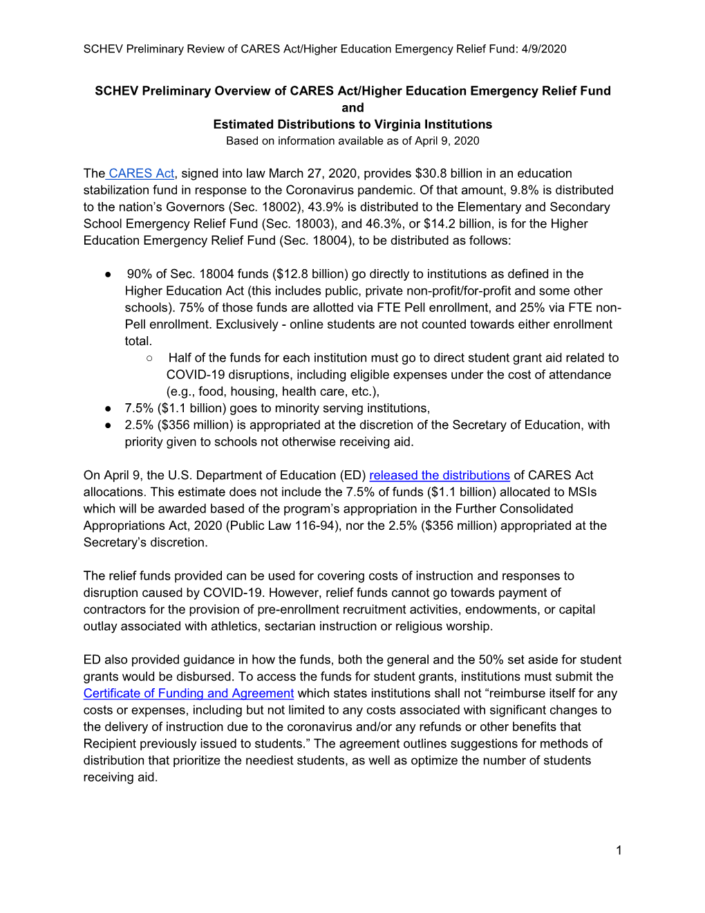 SCHEV Preliminary Review of CARES Act/Higher Education Emergency Relief Fund: 4/9/2020