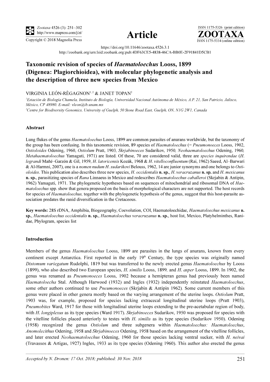 Taxonomic Revision of Species of Haematoloechus Looss, 1899