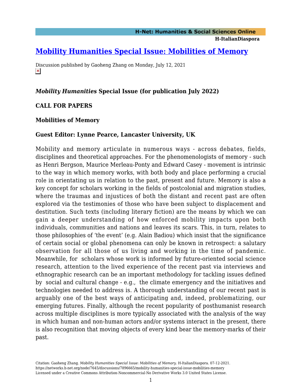 Mobility Humanities Special Issue: Mobilities of Memory