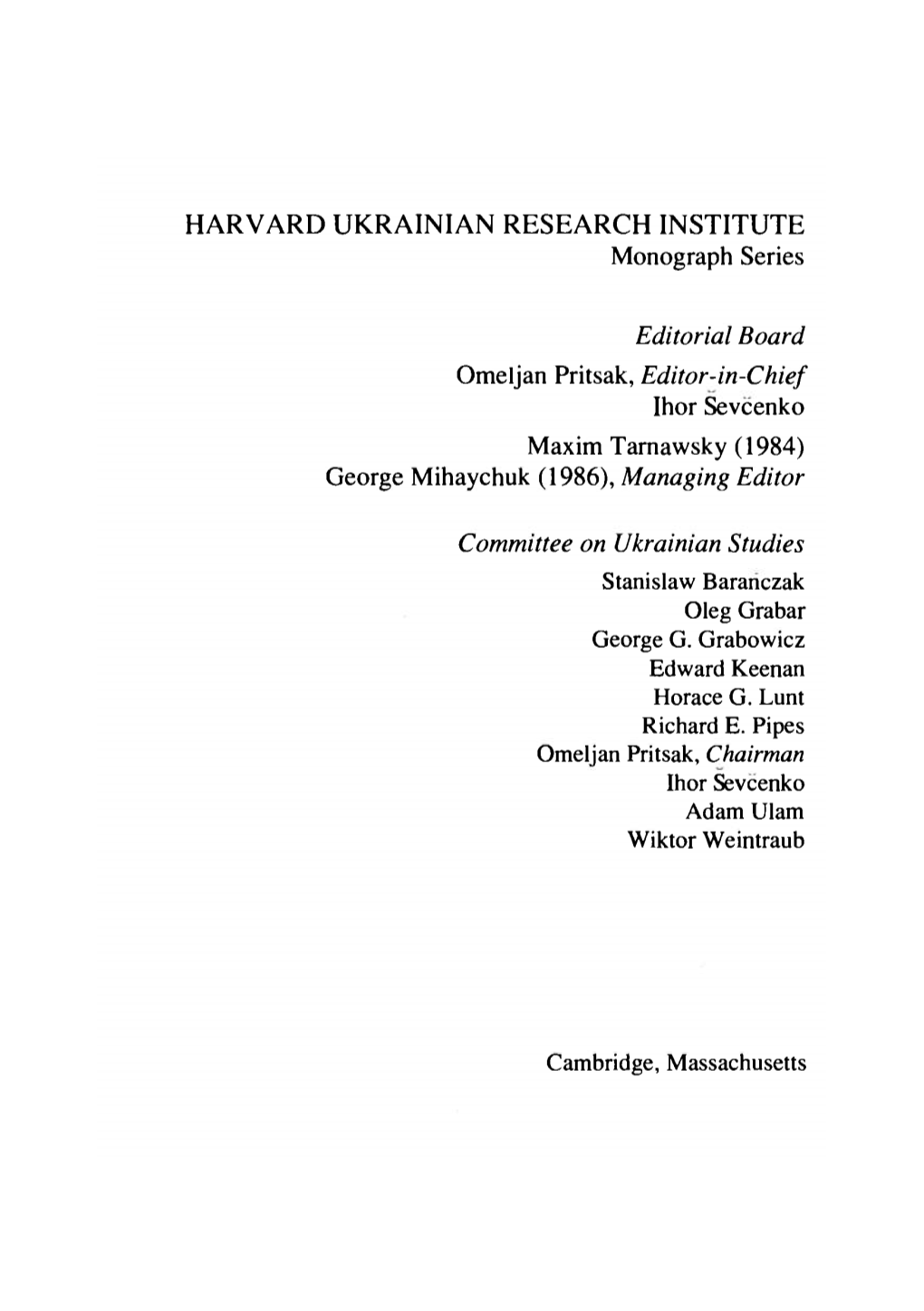 HARVARD UKRAINIAN RESEARCH INSTITUTE Monograph Series