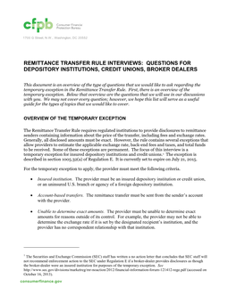 Remittance Transfer Rule Interviews: Questions for Depository Institutions, Credit Unions, Broker Dealers