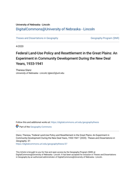 Federal Land-Use Policy and Resettlement in the Great Plains: an Experiment in Community Development During the New Deal Years, 1933-1941