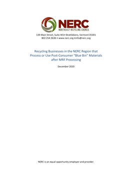 Recycling Businesses in the NERC Region That Process Or Use Post-Consumer “Blue Bin” Materials After MRF Processing
