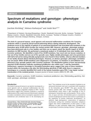 Spectrum of Mutations and Genotype ± Phenotype Analysis in Currarino Syndrome