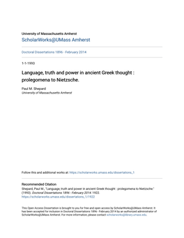Language, Truth and Power in Ancient Greek Thought : Prolegomena to Nietzsche