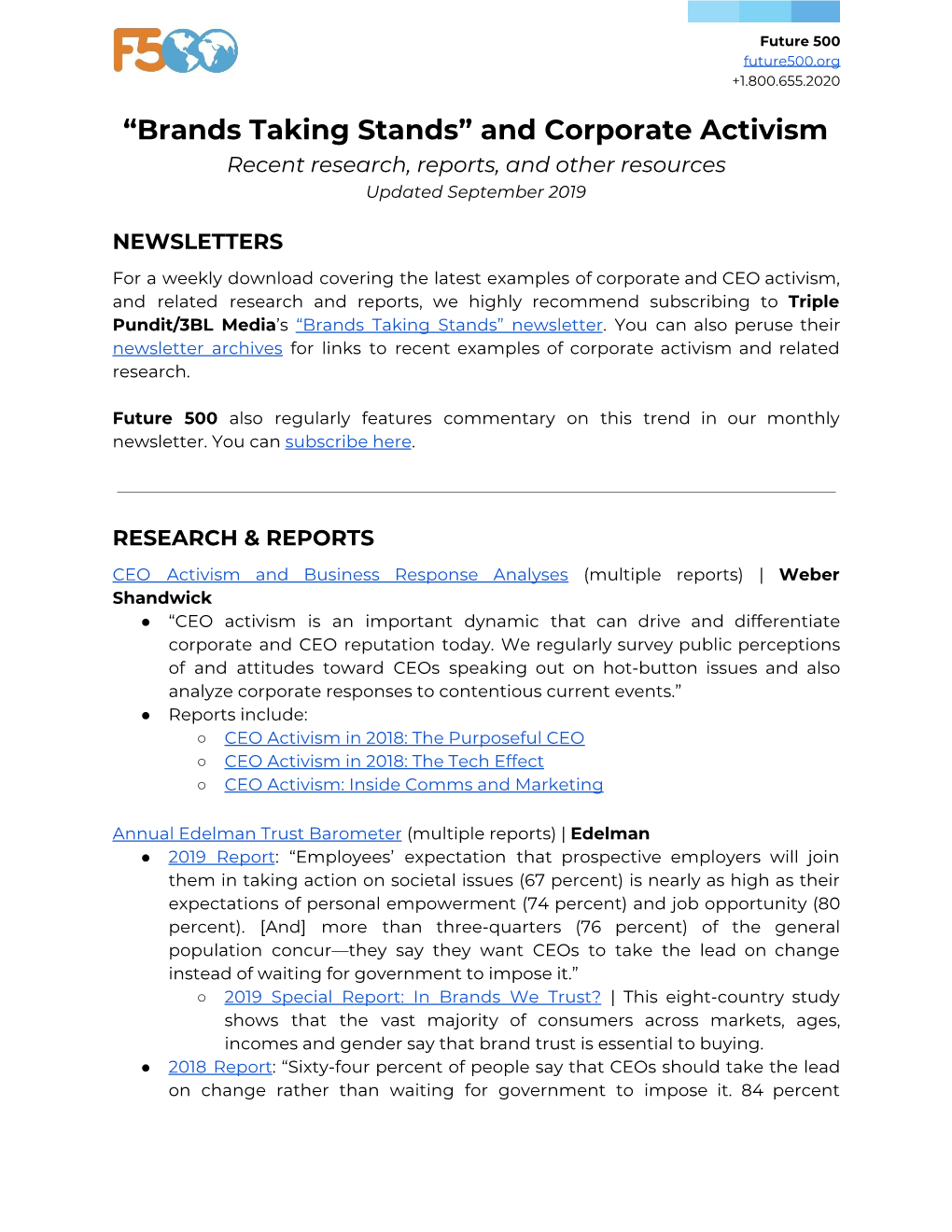 “Brands Taking Stands” and Corporate Activism Recent Research, Reports, and Other Resources Updated September 2019