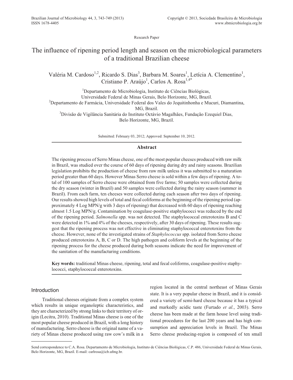 The Influence of Ripening Period Length and Season on the Microbiological Parameters of a Traditional Brazilian Cheese