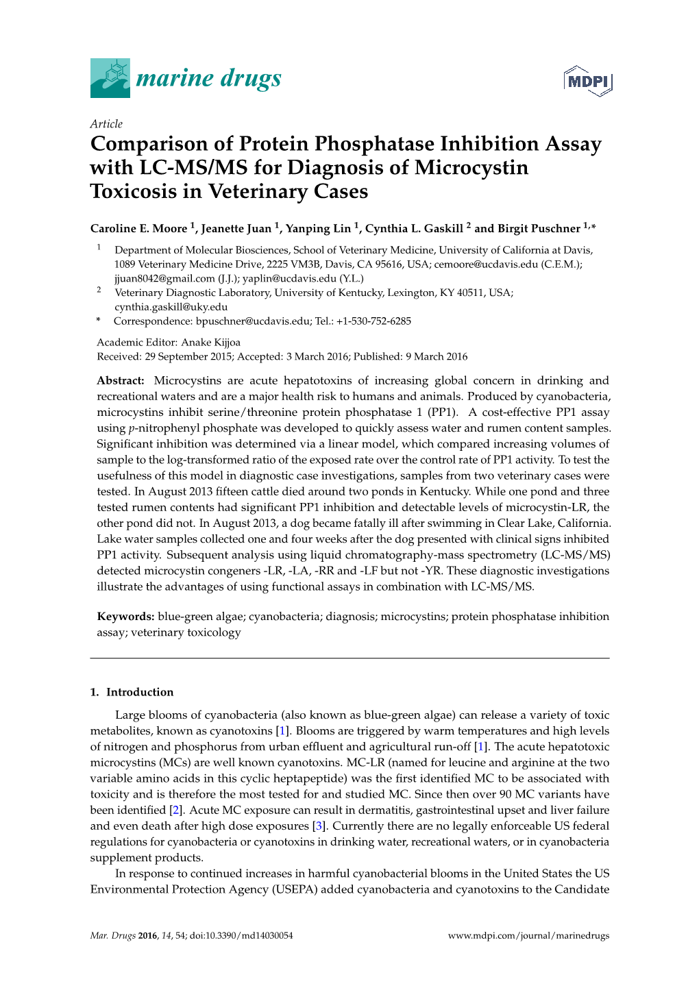 Comparison of Protein Phosphatase Inhibition Assay with LC-MS/MS for Diagnosis of Microcystin Toxicosis in Veterinary Cases