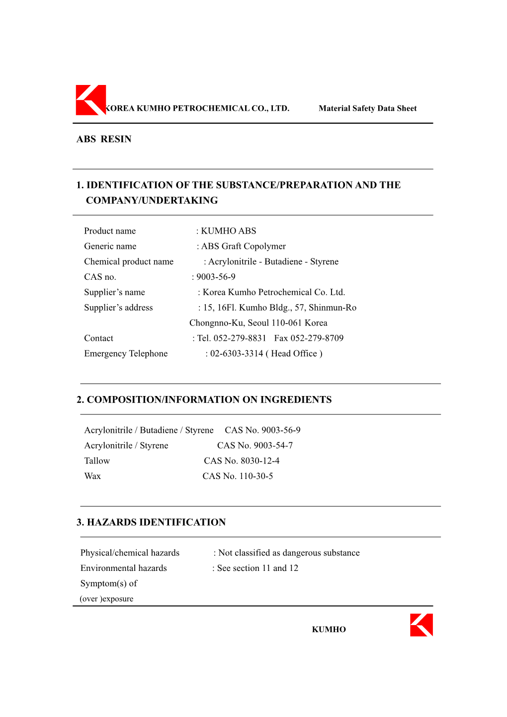 Abs Resin 1. Identification of the Substance/Preparation