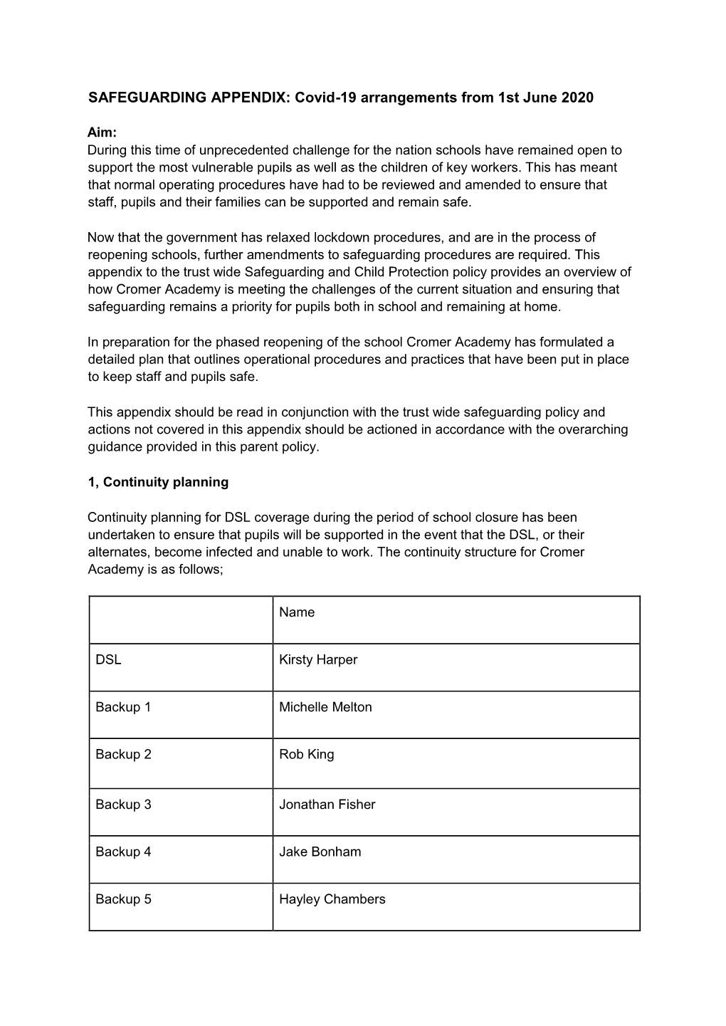 SAFEGUARDING APPENDIX: Covid-19 Arrangements from 1St June 2020