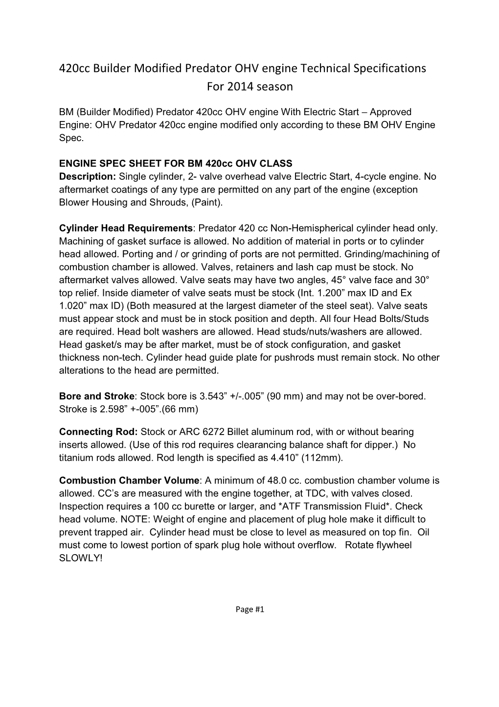 420Cc Builder Modified Predator OHV Engine Technical Specifications for 2014 Season